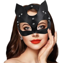 Braingiggles Black Cat Woman Mask, Faux Leather Halloween Costume Accessory For Masquerade, Dress Up And Cosplay Parties