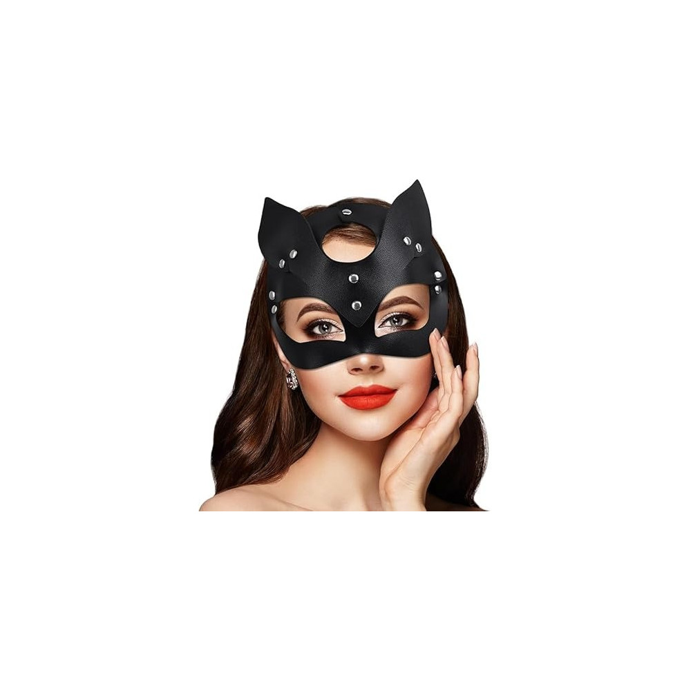 Braingiggles Black Cat Woman Mask, Faux Leather Halloween Costume Accessory For Masquerade, Dress Up And Cosplay Parties