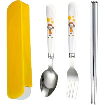 Braingiggles Kids Cutlery Set With Case, Round Edge Stainless Steel Soft Grip Spoon, Fork And Chopsticks Cutlery Set With Bpa Safe Fun Character Engraved Handles For Kids (Pack Of 1, Yellow)