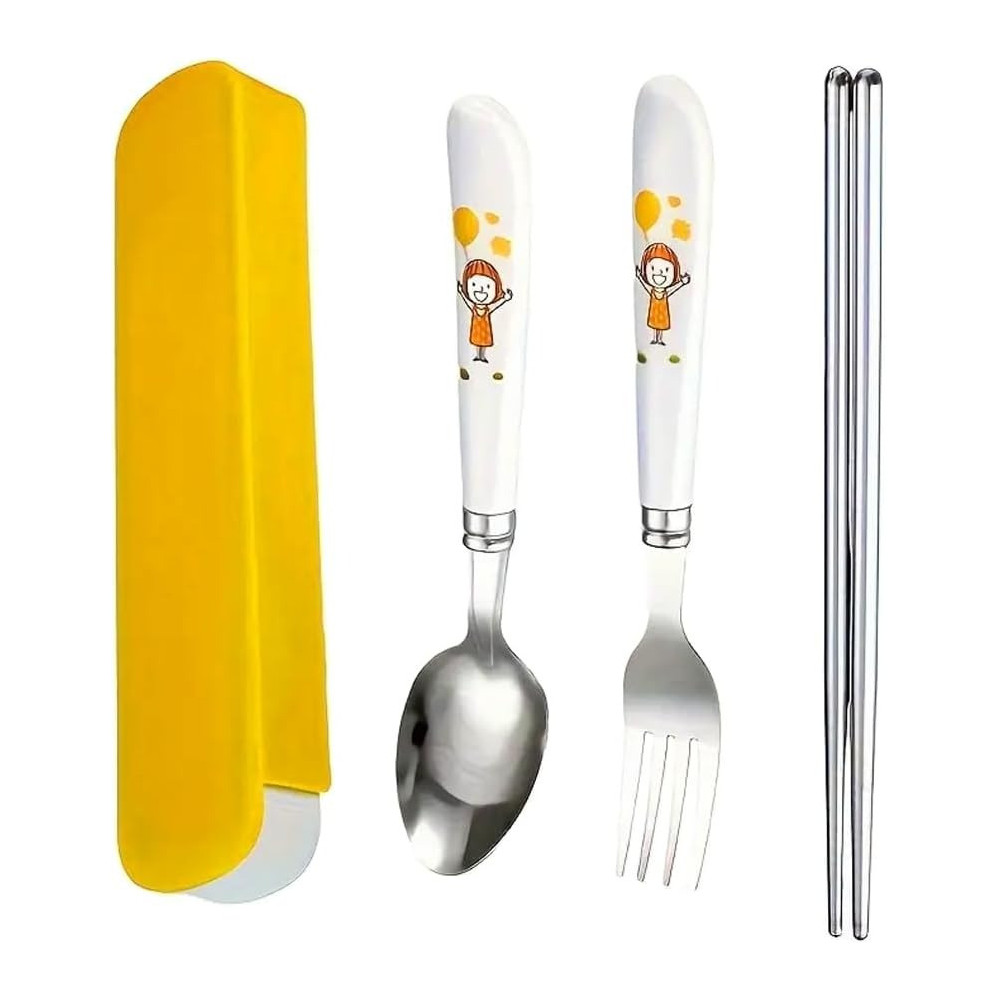 Braingiggles Kids Cutlery Set With Case, Round Edge Stainless Steel Soft Grip Spoon, Fork And Chopsticks Cutlery Set With Bpa Safe Fun Character Engraved Handles For Kids (Pack Of 1, Yellow)