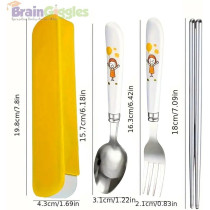 Braingiggles Kids Cutlery Set With Case, Round Edge Stainless Steel Soft Grip Spoon, Fork And Chopsticks Cutlery Set With Bpa Safe Fun Character Engraved Handles For Kids (Pack Of 1, Yellow)
