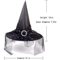 Braingiggles Halloween Witch Hat, Pointed Top With Elegant Lace Brim Perfect For Kids/Adult Cosplay, Masquerade Party (Black)