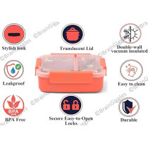 Braingiggles Stainless Steel 2 Compartments Bento Lunch Box With Removable Inner Tray, Insulated, Leak Proof Bento Box For Kids, Adults, Orange