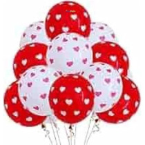Brain Giggles Red And White Heart Printed 12-Inch Latex Balloons, 50 Pieces