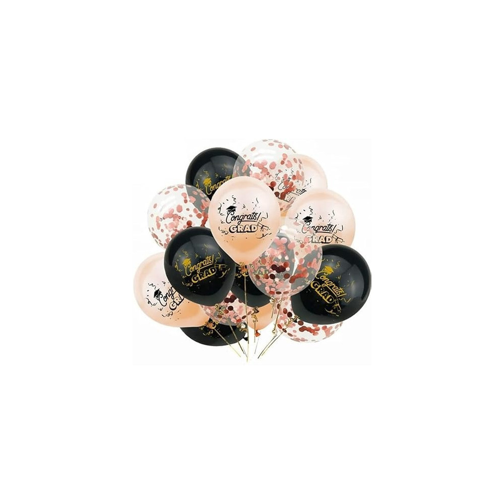 Brain Giggles Graduation Balloons Set Of 15 Pieces, Rose Gold, Black