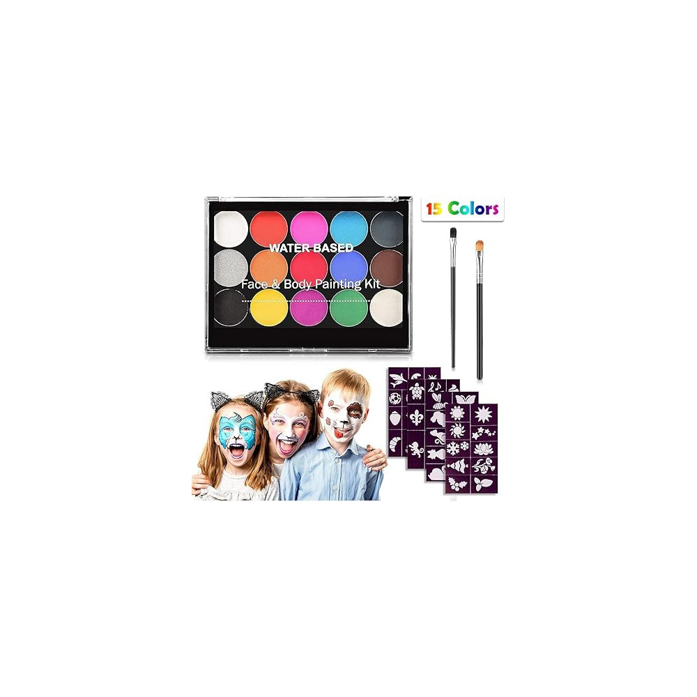 Brain Giggles Face And Body Paint Kit, 15 Vibrant Colors With Stencils And Brushes, Water-Based, Non-Toxic Face Paint Set For Kids And Adults, Ideal For Halloween Makeup, Cosplay, Festivals, Birthdays