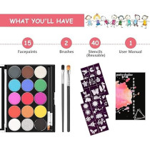 Brain Giggles Face And Body Paint Kit, 15 Vibrant Colors With Stencils And Brushes, Water-Based, Non-Toxic Face Paint Set For Kids And Adults, Ideal For Halloween Makeup, Cosplay, Festivals, Birthdays