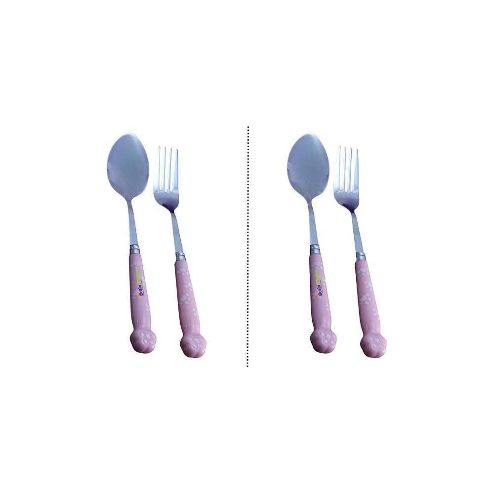 Brain Giggles Kids Cutlery Set With Case, Round Edge Stainless Steel, Bpa Free Handles, Spoon And Fork For Lunch Box, Paw Engraved Children Tableware With Portable Case, 2, Pink