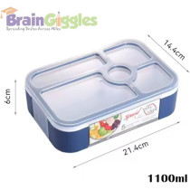 Brain Giggles Bento Lunch Box -Leakproof, Bpa-Free, Airtight Tiffin With Spoon And Fork- 5 Compartments, 1100Ml, Microwave Safe Bento Box For Kids And Adults, Ideal For School And Office, Blue