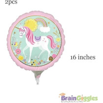 Brain Giggles 2Pcs Unicorn Foil Balloon, 16 Inch Large Unicorn Round Balloon, For Unicorn Theme Party Supplies, Baby Shower, Home Office Decor, Birthday Backdrop