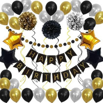 Brain Giggles 44Pcs Birthday Decoration Kit, Black Gold Themed Party Decorations, Happy Birthday Banner, Pom Poms, Balloons, Foil Star, For Kids Adults Birthday Decorations