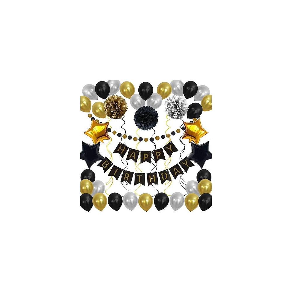 Brain Giggles 44Pcs Birthday Decoration Kit, Black Gold Themed Party Decorations, Happy Birthday Banner, Pom Poms, Balloons, Foil Star, For Kids Adults Birthday Decorations