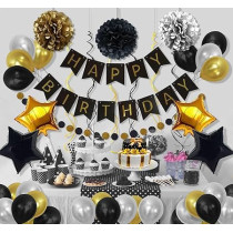 Brain Giggles 44Pcs Birthday Decoration Kit, Black Gold Themed Party Decorations, Happy Birthday Banner, Pom Poms, Balloons, Foil Star, For Kids Adults Birthday Decorations
