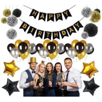 Brain Giggles 44Pcs Birthday Decoration Kit, Black Gold Themed Party Decorations, Happy Birthday Banner, Pom Poms, Balloons, Foil Star, For Kids Adults Birthday Decorations