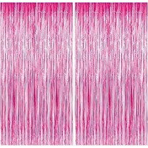Brain Giggles Metallic Foil Curtain For Birthday Party Decoration Fringe Tinsel Backdrop, Pink, Pack Of 2