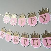 Brain Giggles Princess Glitter Happy Birthday Crown Banners, Pink/Golden