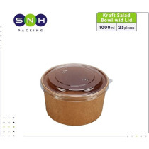 SNH Packing Eco Friendly Kraft Salad Bowl Bio Disposable Dishes Soup Bowl Brown With Lid, 1000Ml, 25 Pieces