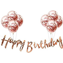 Brain Giggles Happy Birthday Banners With Rose Gold Confetti Balloons, Rose Gold Metallic Happy Birthday Banner For Girls And Boys, Birthday Party Decorations, Rose Gold, Set Of 9