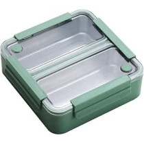 Brain Giggles 2 Compartments Stainless Steel Bento Lunch Box With Removable Inner Tray, Leak Proof Lunch Box For Kids, Adults, Green