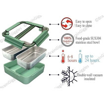 Brain Giggles 2 Compartments Stainless Steel Bento Lunch Box With Removable Inner Tray, Leak Proof Lunch Box For Kids, Adults, Green
