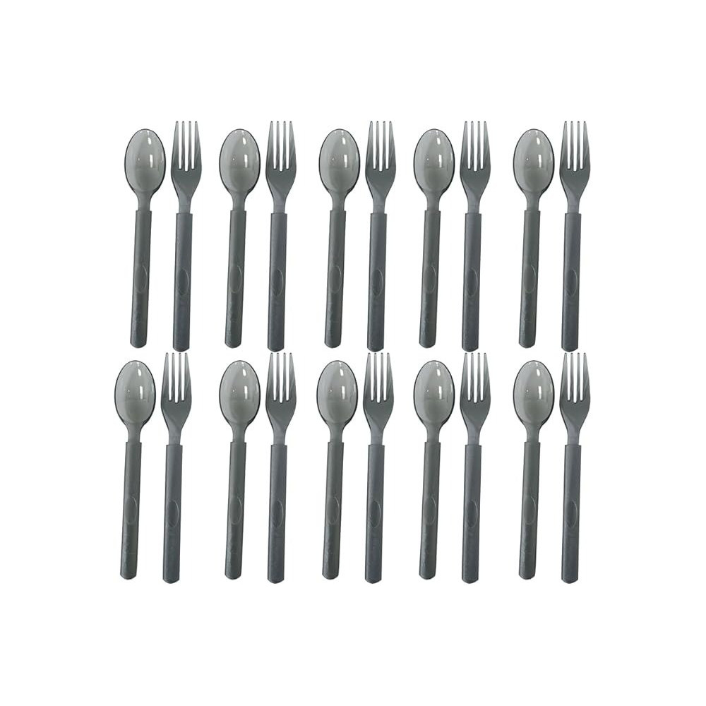 Transparent Grey Disposable Plastic Spoon And Fork Set Thick And Sturdy Plastic Cutlery Includes Free Wet Wipes Ideal For Parties Picnics Daily Use, 20 Pieces