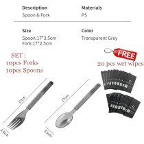 Transparent Grey Disposable Plastic Spoon And Fork Set Thick And Sturdy Plastic Cutlery Includes Free Wet Wipes Ideal For Parties Picnics Daily Use, 20 Pieces