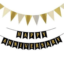 Brain Giggles Happy Anniversary Banner And Gold Pennant Banner For Wedding Anniversary Decoration Party Supplies