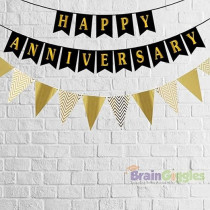 Brain Giggles Happy Anniversary Banner And Gold Pennant Banner For Wedding Anniversary Decoration Party Supplies