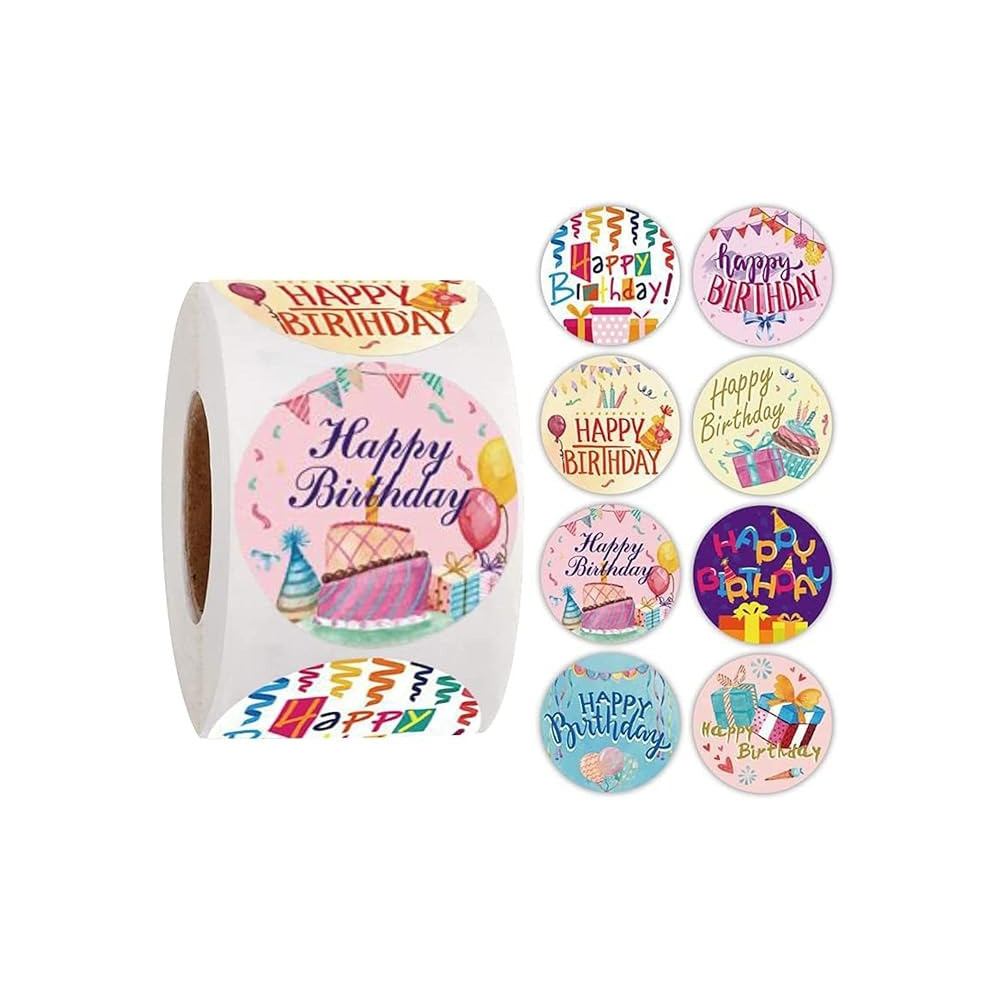 Brain Giggles Happy Birthay Sticker Roll/Self Adhesive 500 Pcs 8 Different Design Happy Birthday Sticker Roll For Birthday Labels