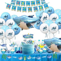 Brain Giggles Baby Shark Birthday Decoration For Boys, Happy Birthday Theme Banner, Cake Topper, Birthday Balloons, 40Pcs