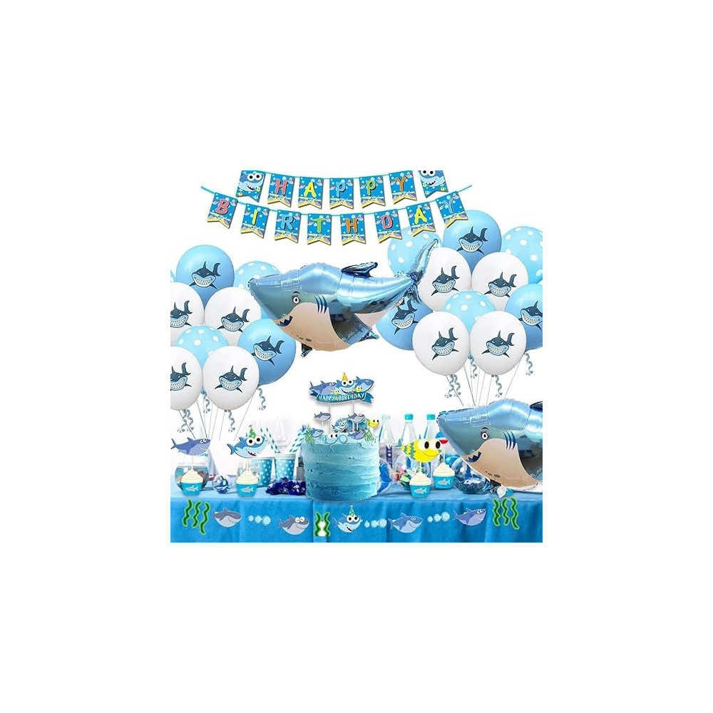 Brain Giggles Baby Shark Birthday Decoration For Boys, Happy Birthday Theme Banner, Cake Topper, Birthday Balloons, 40Pcs