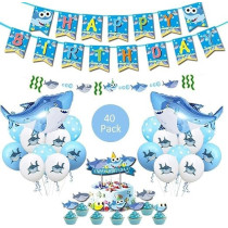 Brain Giggles Baby Shark Birthday Decoration For Boys, Happy Birthday Theme Banner, Cake Topper, Birthday Balloons, 40Pcs