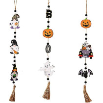 Brain Giggles Set of 3 Spooky Halloween Wooden Beads Ornaments, Ghost And Pumpkin Wall Hangings, Perfect For Halloween Decor and Themed Parties