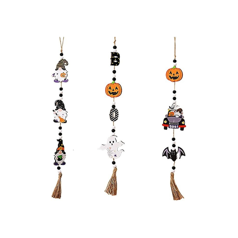 Brain Giggles Set of 3 Spooky Halloween Wooden Beads Ornaments, Ghost And Pumpkin Wall Hangings, Perfect For Halloween Decor and Themed Parties