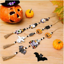 Brain Giggles Set of 3 Spooky Halloween Wooden Beads Ornaments, Ghost And Pumpkin Wall Hangings, Perfect For Halloween Decor and Themed Parties