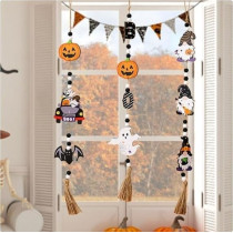Brain Giggles Set of 3 Spooky Halloween Wooden Beads Ornaments, Ghost And Pumpkin Wall Hangings, Perfect For Halloween Decor and Themed Parties