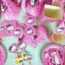 Brain Giggles Hello Kitty Theme Disposable Tableware 16 Items/Set for 10 People, Pink