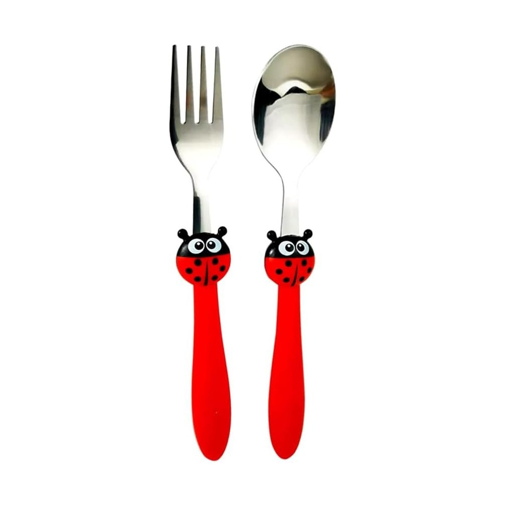 Brain Giggles Kids Cutlery Set, Lightweight Stainless Steel Spoon and Fork Flatware For Children With Rounded Edges, BPA-free Fun Animal Handles With Non-Slip Grip, Toddler Children Tableware, Red
