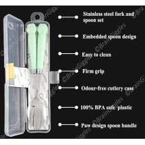Brain Giggles Kids Cutlery Set with Case Round Edge Stainless Steel Kids Cutlery BPA Free Handles Spoon And Fork Cutlery Set for Lunch Box Paw Engraved Children Tableware with Portable Case, Green