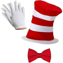 Brain Giggles Cat In the Hat Costume Kids Accessories Gloves, Bow Tie and Hat World Book Day Costume Fancy Dress Halloween Costume For Kids Dr Seuss Costume For Book Week Kids Costume, Red/White