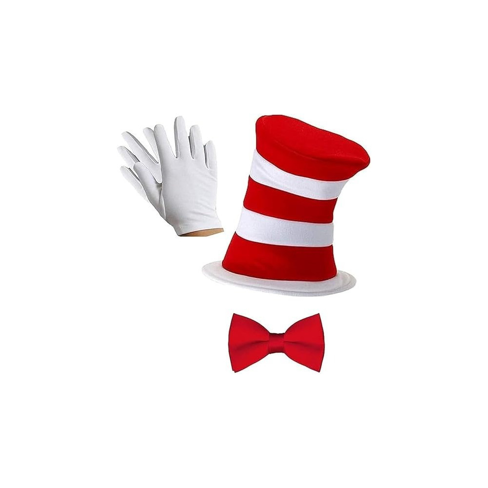 Brain Giggles Cat In the Hat Costume Kids Accessories Gloves, Bow Tie and Hat World Book Day Costume Fancy Dress Halloween Costume For Kids Dr Seuss Costume For Book Week Kids Costume, Red/White