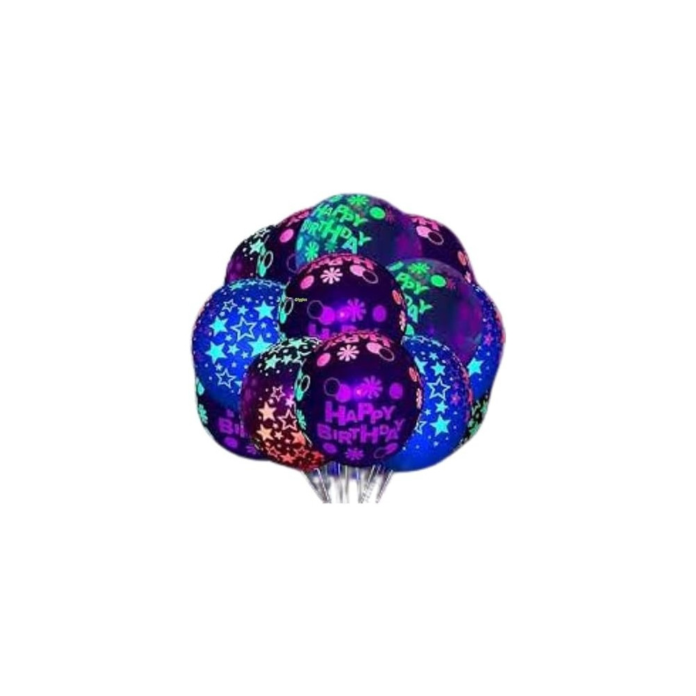 Brain Giggles Colorful Happy Birthday Printed Clear Fluorescent 12-Inch Latex Balloons For Birthday Party Decoration, 10 Pieces