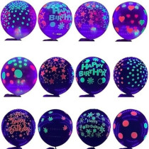 Brain Giggles Colorful Happy Birthday Printed Clear Fluorescent 12-Inch Latex Balloons For Birthday Party Decoration, 10 Pieces