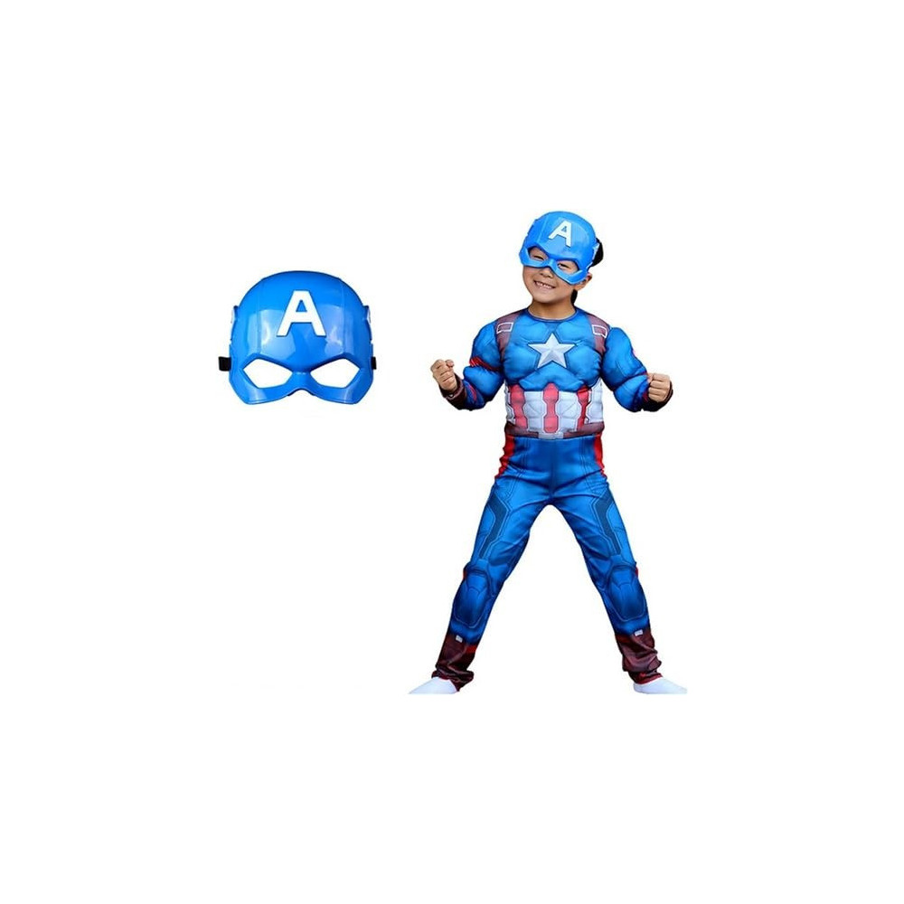 Brain Giggles Captain America Costume for Kids, Avengers Costume For Boys Kids Superhero Costume Halloween Costume For Kids Character Costume For Boy Captain America Costume With Mask, Blue, Medium