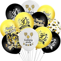 Brain Giggles 30th Happy Birthday Latex And Confetti Balloons For Decorations, Black and Gold, 12 Pcs
