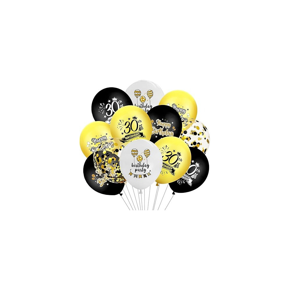 Brain Giggles 30th Happy Birthday Latex And Confetti Balloons For Decorations, Black and Gold, 12 Pcs