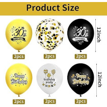 Brain Giggles 30th Happy Birthday Latex And Confetti Balloons For Decorations, Black and Gold, 12 Pcs