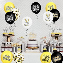 Brain Giggles 30th Happy Birthday Latex And Confetti Balloons For Decorations, Black and Gold, 12 Pcs