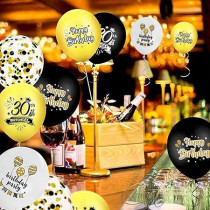 Brain Giggles 30th Happy Birthday Latex And Confetti Balloons For Decorations, Black and Gold, 12 Pcs