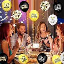 Brain Giggles 30th Happy Birthday Latex And Confetti Balloons For Decorations, Black and Gold, 12 Pcs